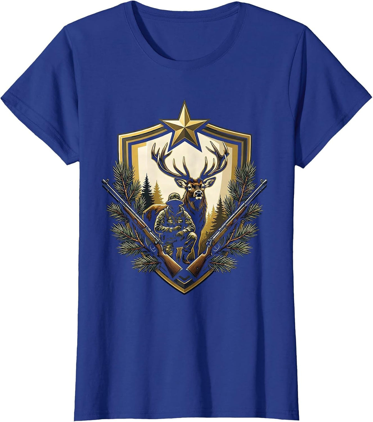 Women's Hunter Crouching With Trophy Buck Deer Graphic T-Shirt - Royal Blue