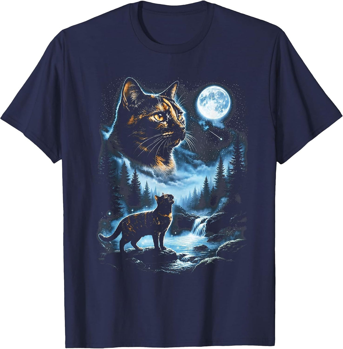 Tortoiseshell Cat Howling At Moon Celestial Parody Design T-Shirt - Navy Blue