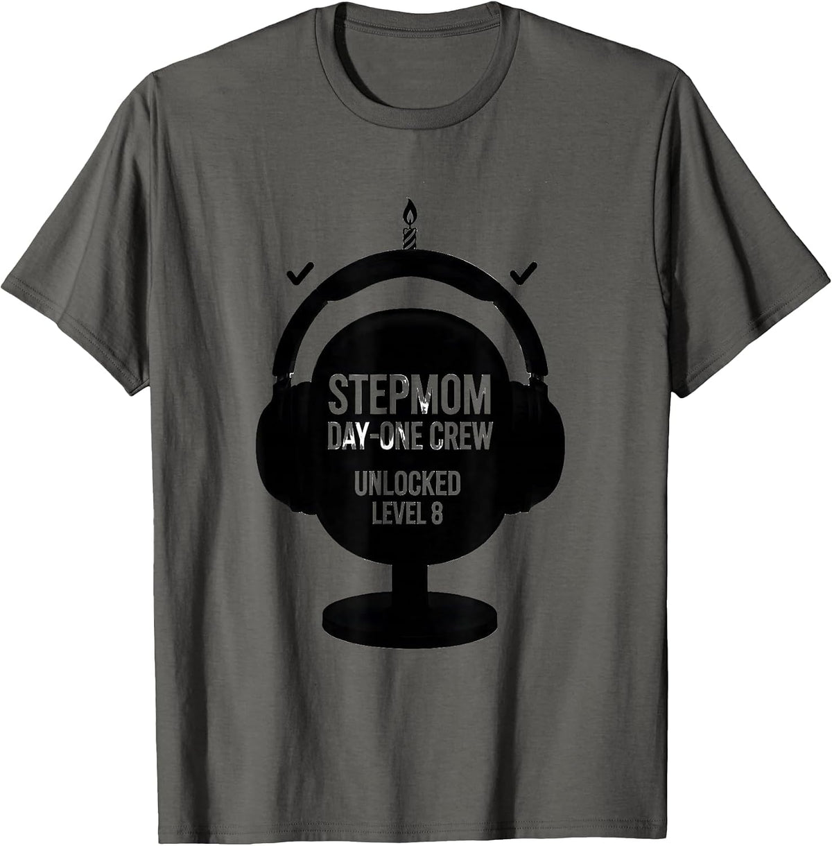 Stepmom Day-One Crew Unlocked Level 8 Video Game Birthday T-Shirt - Asphalt Grey