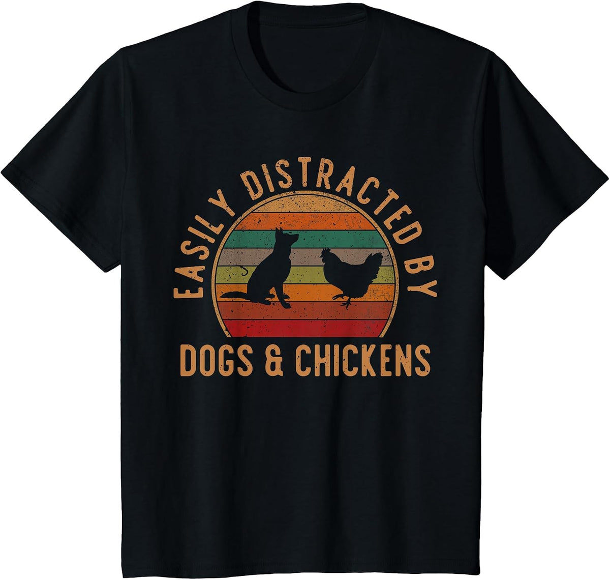 Easily Distracted By Dogs and Chickens Retro Vintage Funny T-Shirt - Black