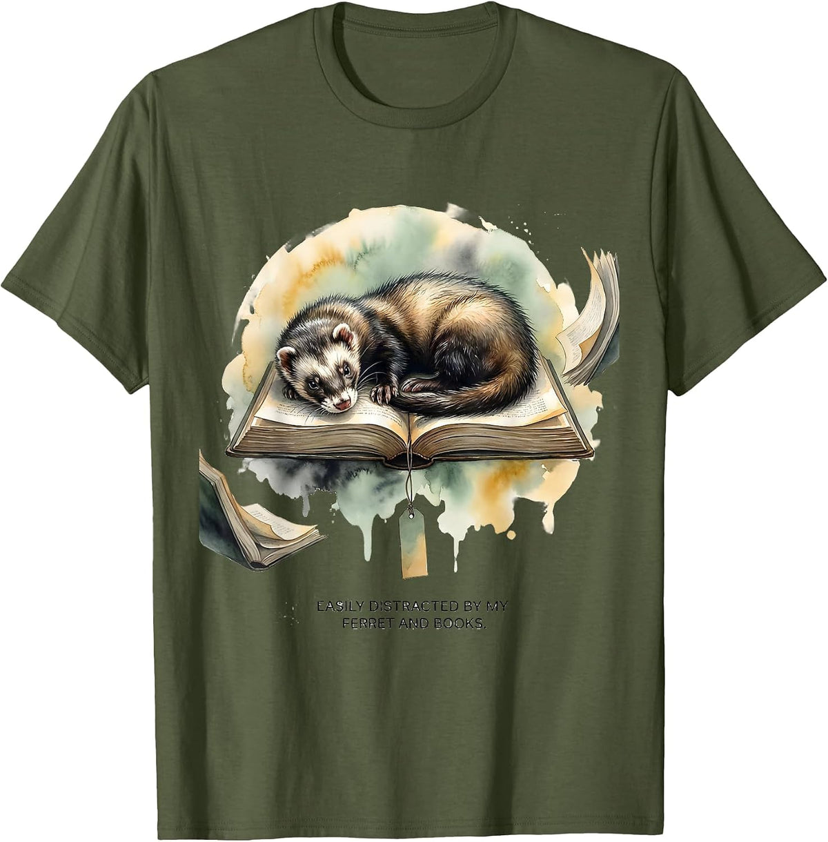Easily Distracted By My Ferret And Books Funny Book Lover T-Shirt - Olive Green