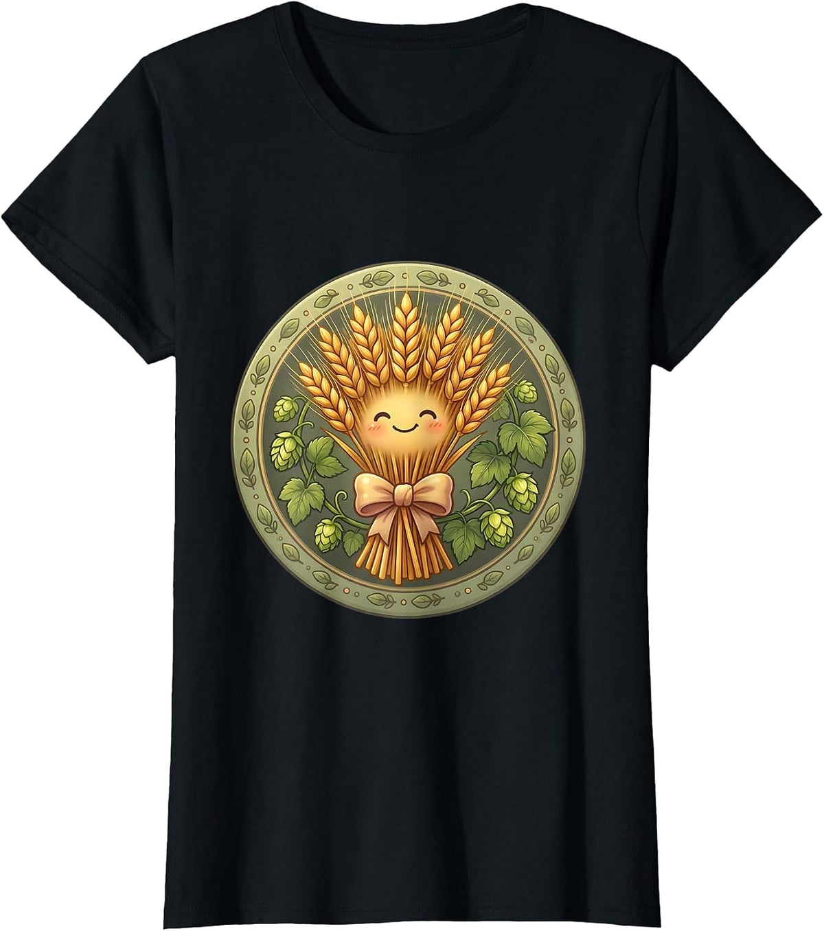 Oktoberfest Hop Vine and Wheat Bundle Design T-Shirt - Black