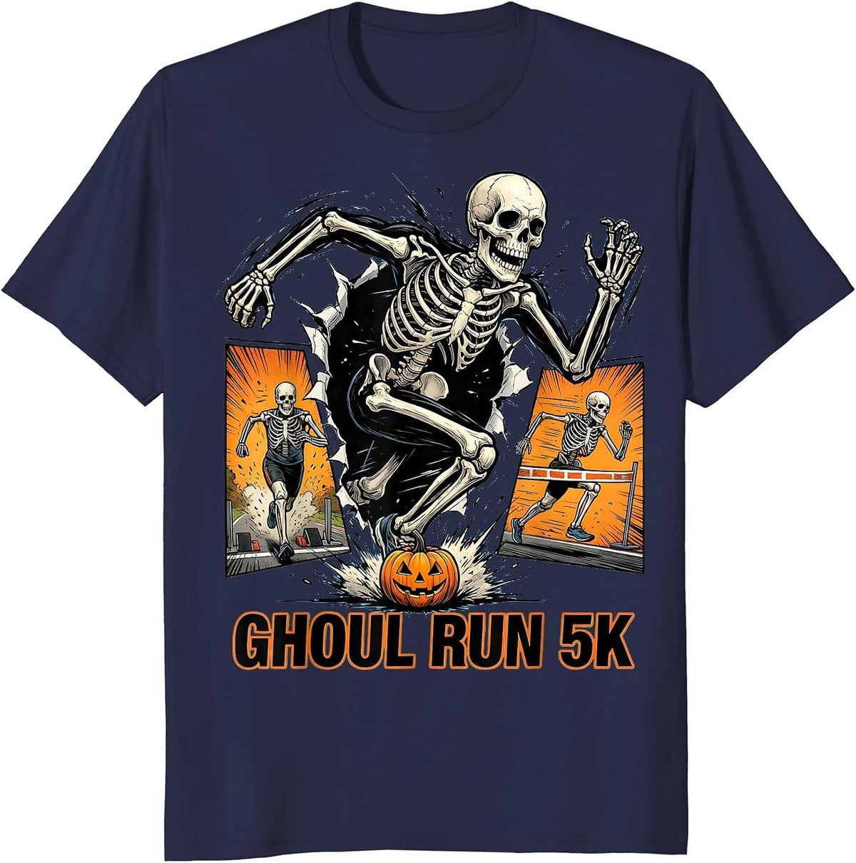 Men's Ghoul Run 5K Comic Book Skeleton Runner Halloween Fun Run T-Shirt - Navy Blue