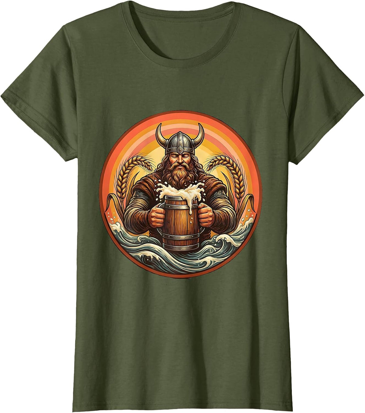 Women's Viking Beer Drinker Oversized Mug Illustration T-Shirt - Olive Green