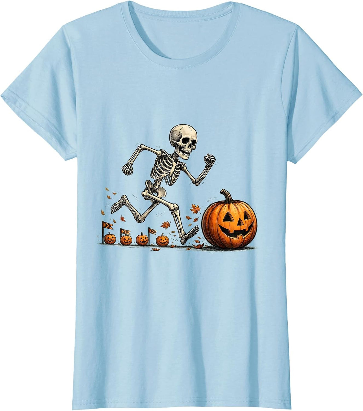 Women's Cheerful Skeleton Runner Halloween 5K Race Fun T-Shirt - Baby Blue