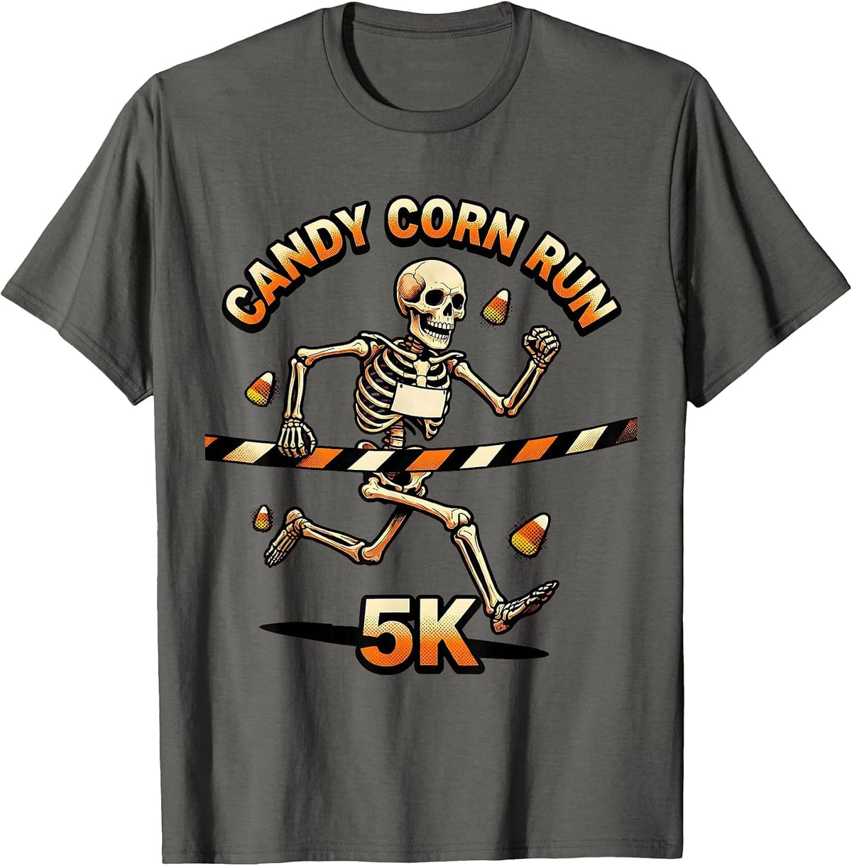 Candy Corn Run 5K Funny Skeleton Halloween Fun Run Matching T-Shirt - Asphalt Grey