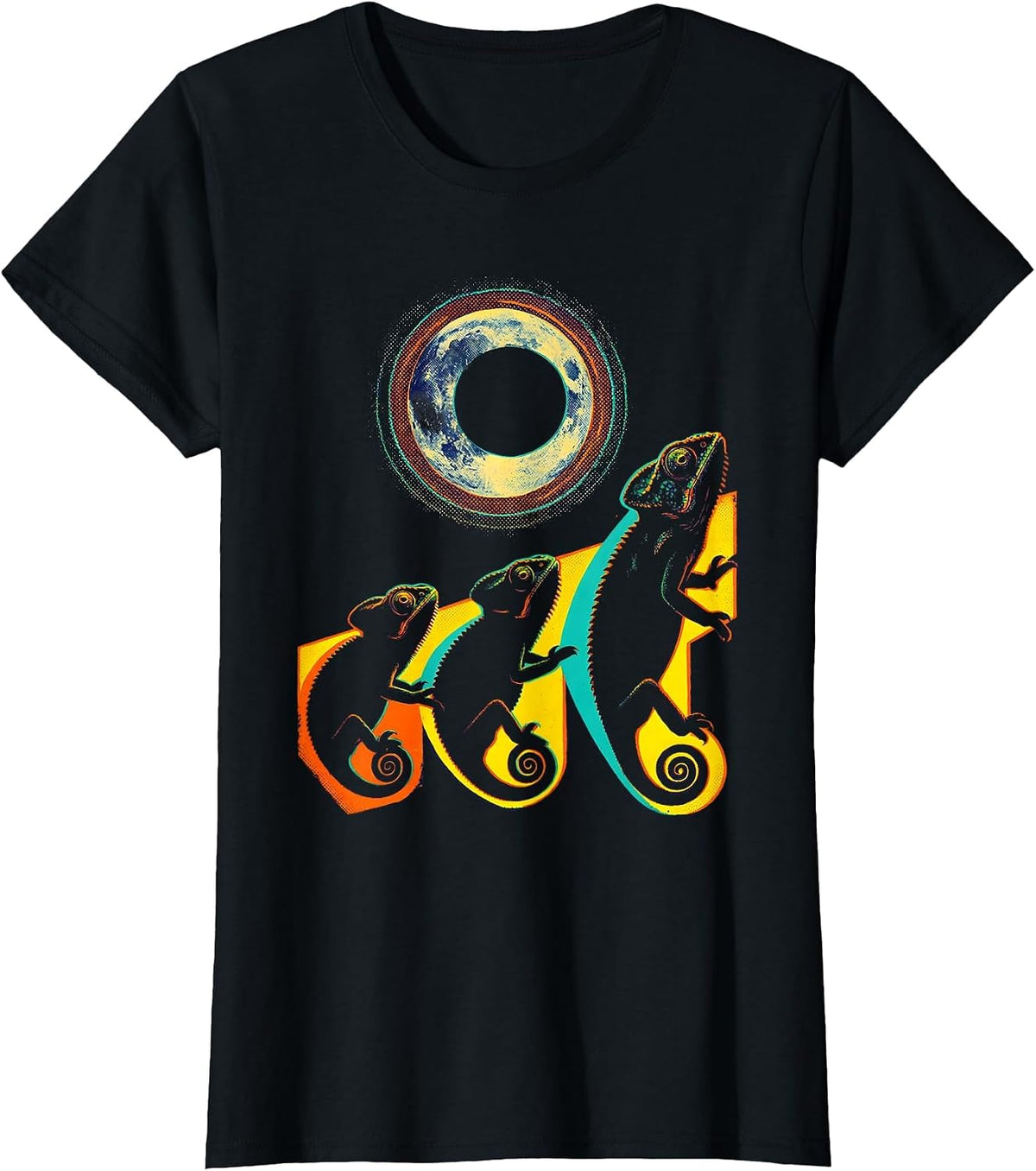 Three Chameleons Gaze at Moon Risograph Meme Parody T-Shirt - Black
