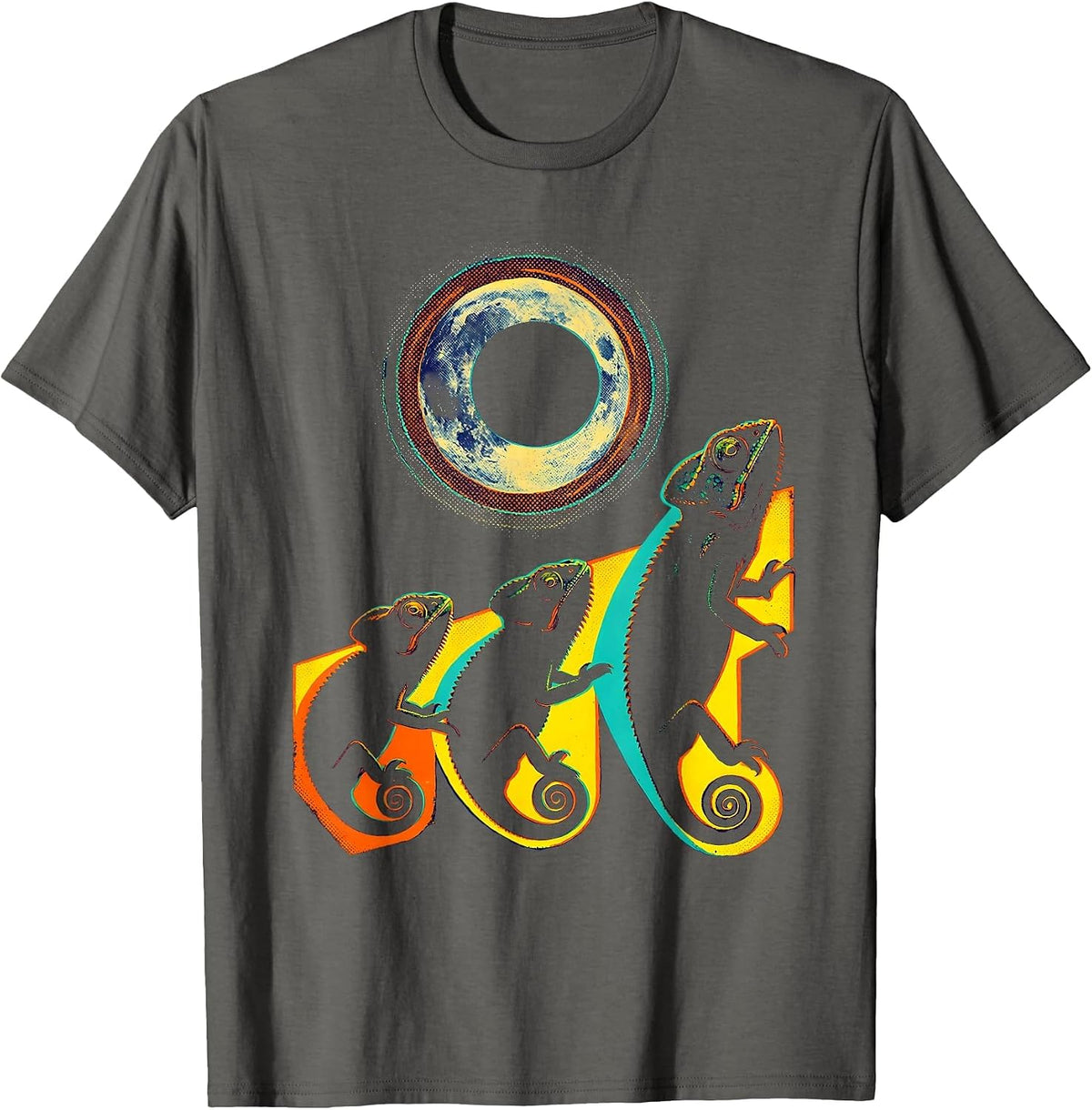 Three Chameleons Gaze at Moon Risograph Meme Parody T-Shirt - Asphalt Grey