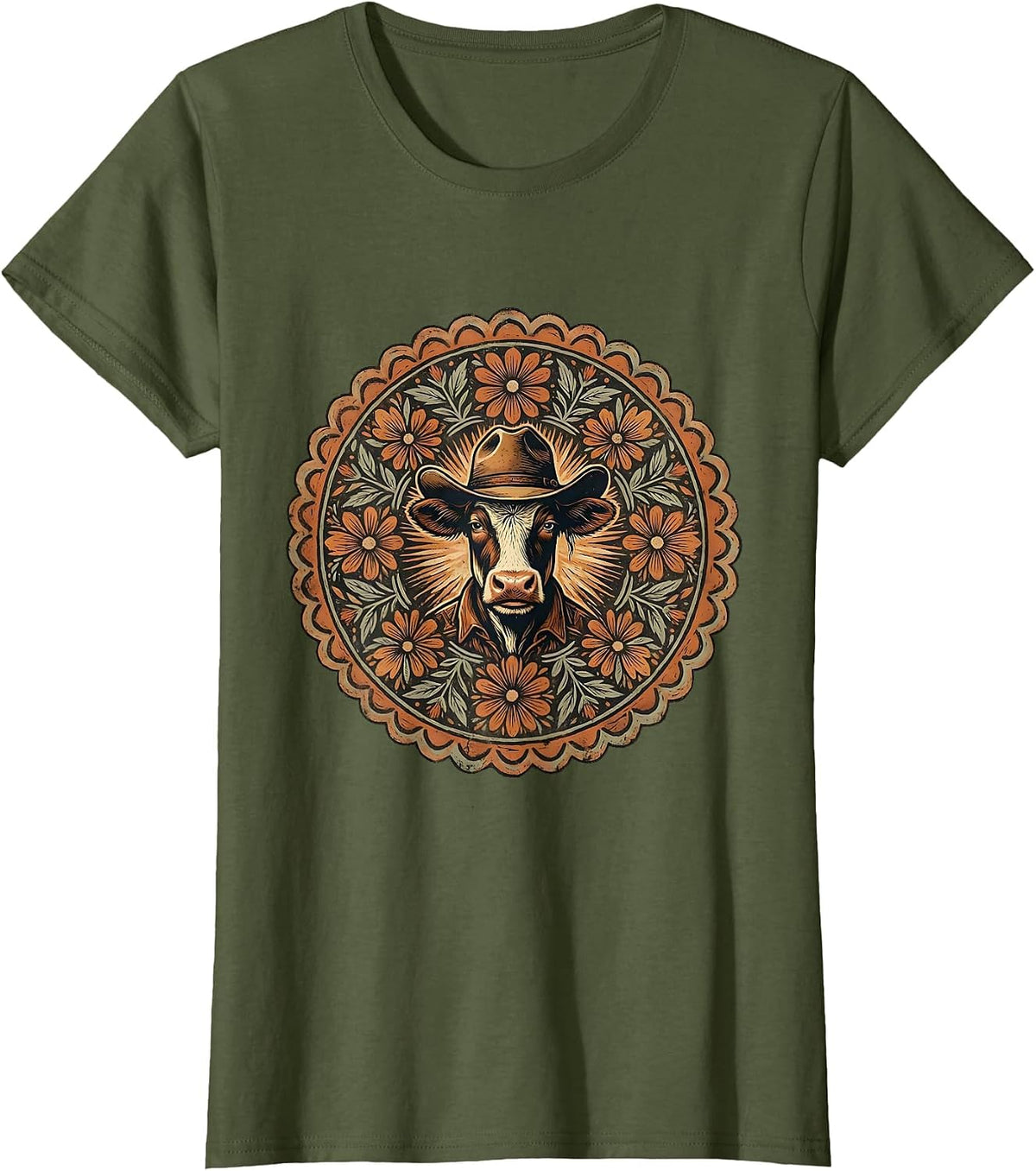 Women's Shadowed Cowgirl Hat Brim Graphic T-Shirt - Olive Green