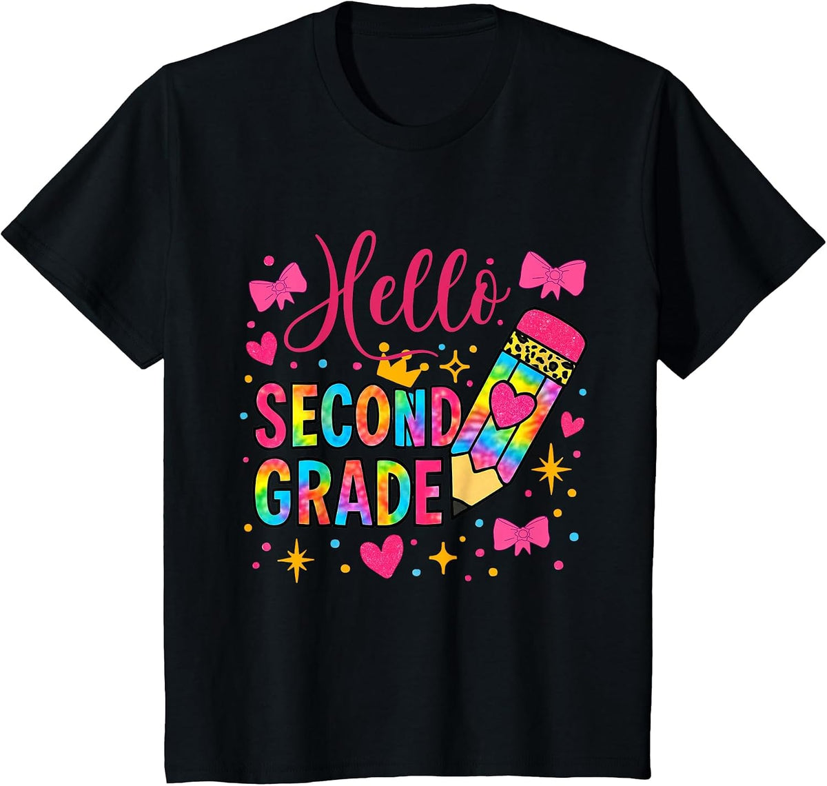 Hello Second Grade Colorful Pencil Tie Dye Back to School T-Shirt - Black