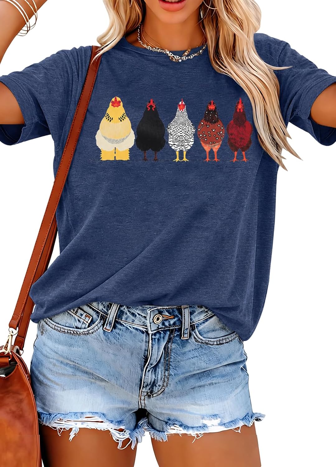 Chicken Shirts for Women Chicken Mom Tshirt Farm Casual Short Sleeve Tops - Blue-1