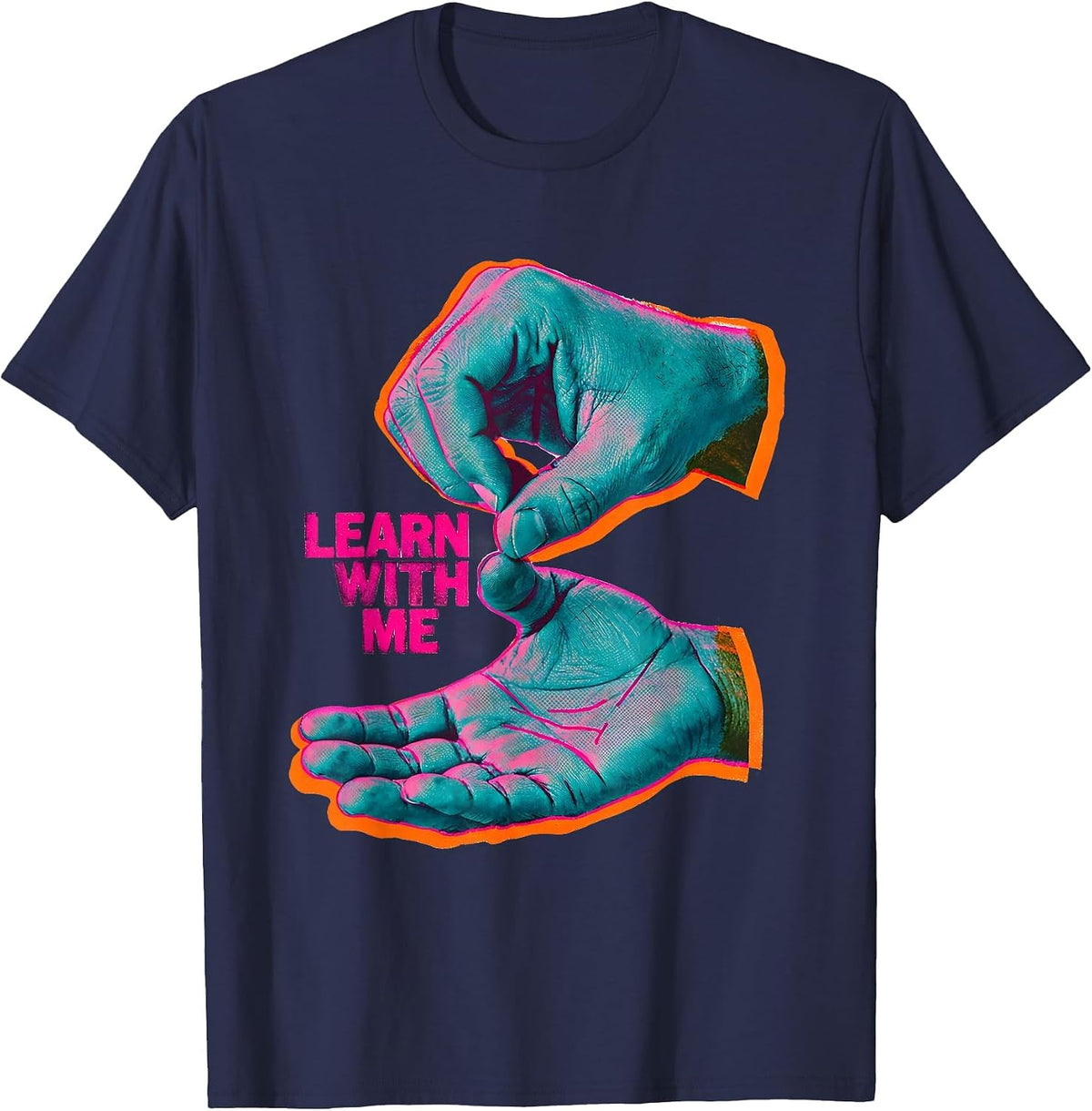 Learn With Me Risograph ASL Sign Language Teacher Advocacy T-Shirt - Navy Blue