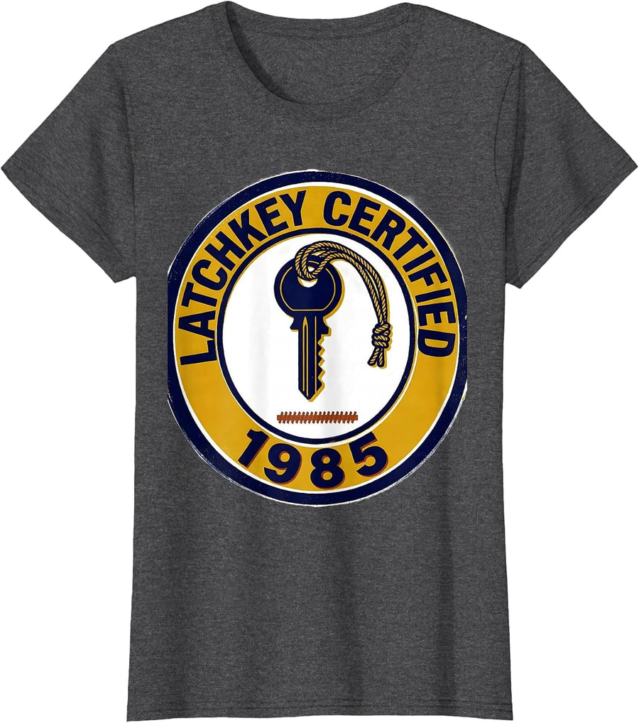 Women's Latchkey Certified, 1985 Vintage Retro Novelty T-Shirt - Dark Heather Grey