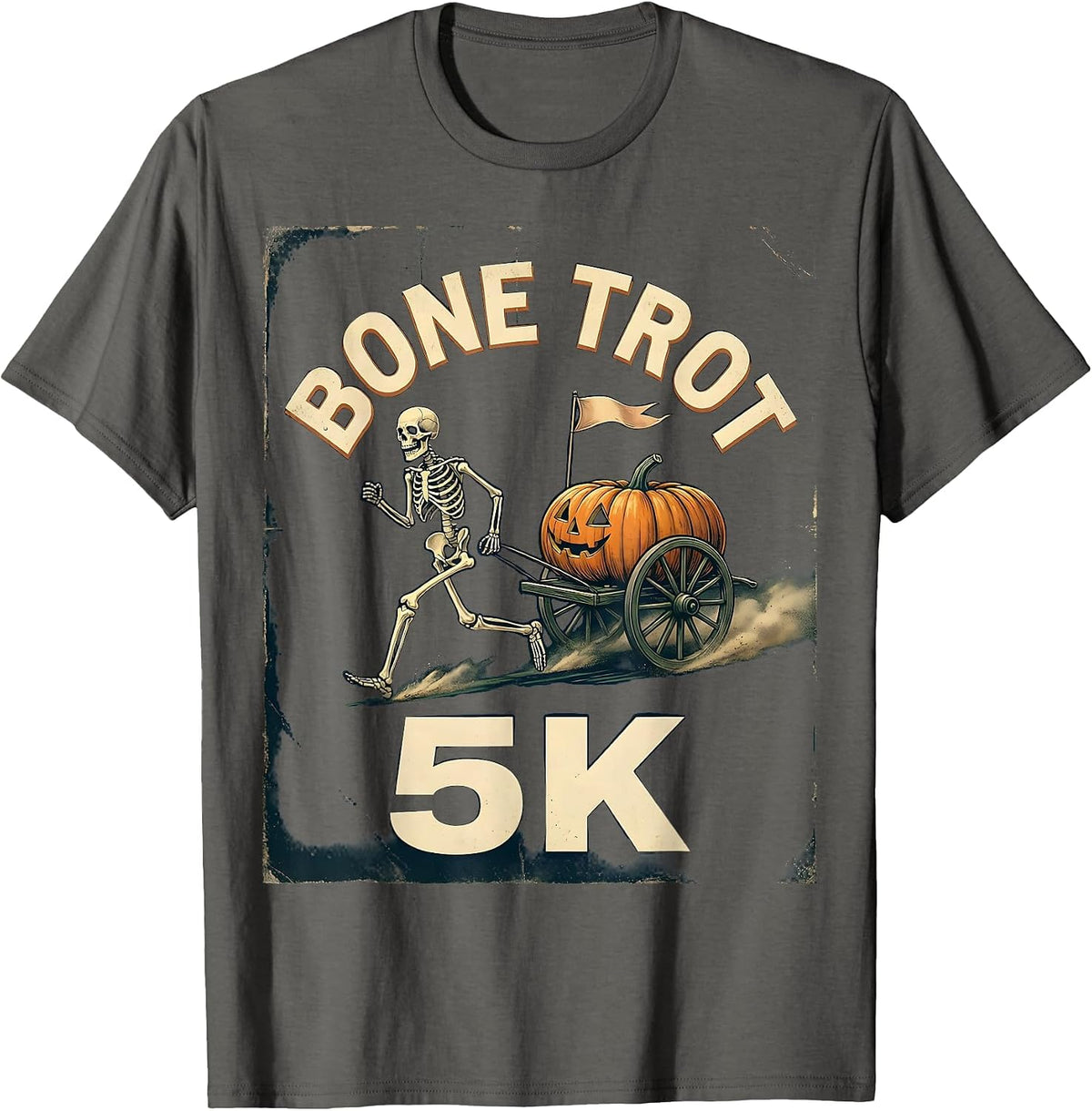 Bone Trot 5K Vintage Skeleton Runner Halloween Fun Run T-Shirt - Asphalt Grey