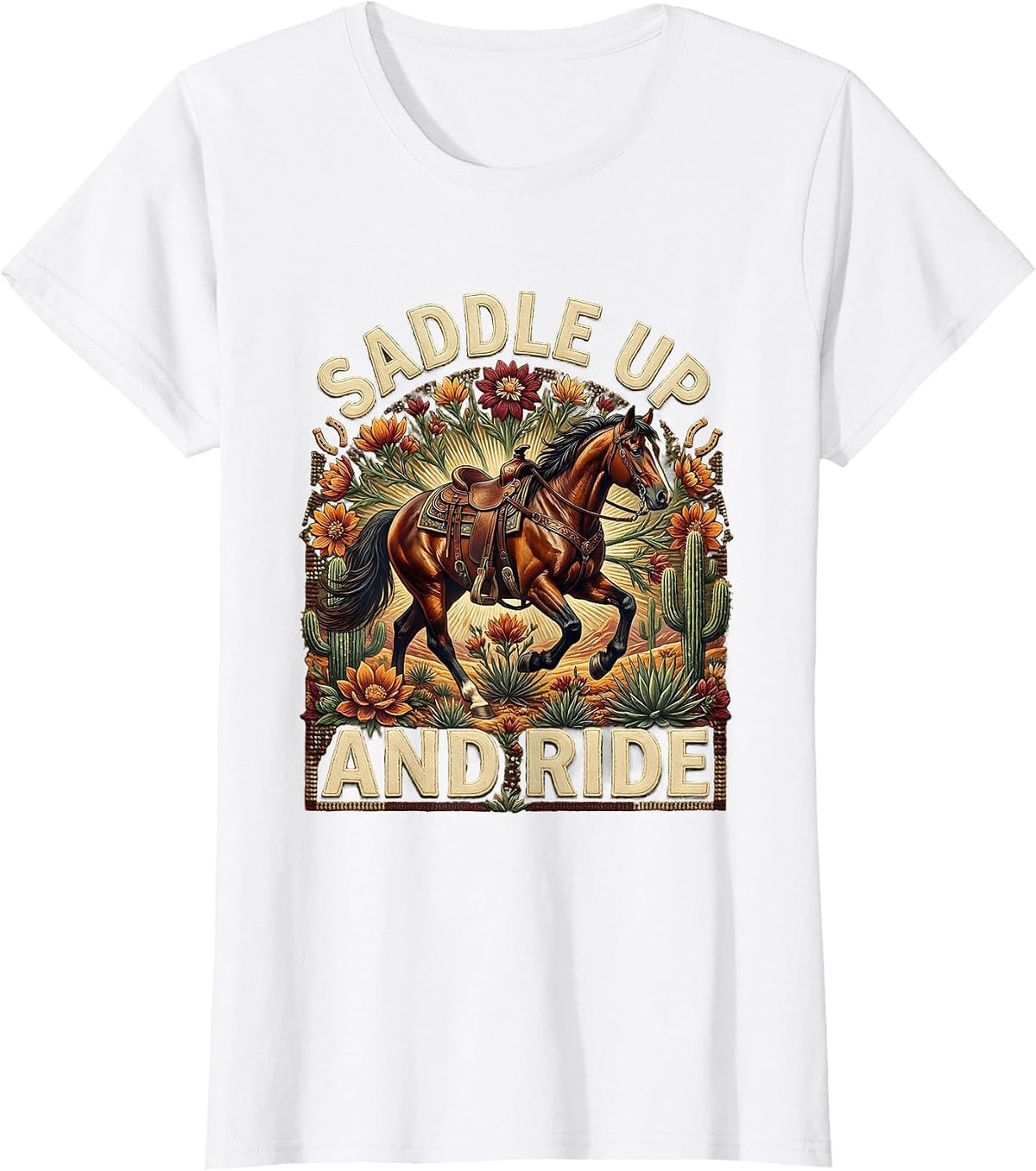 Women's Saddle Up and Ride Western Cowboy Design T-Shirt - White