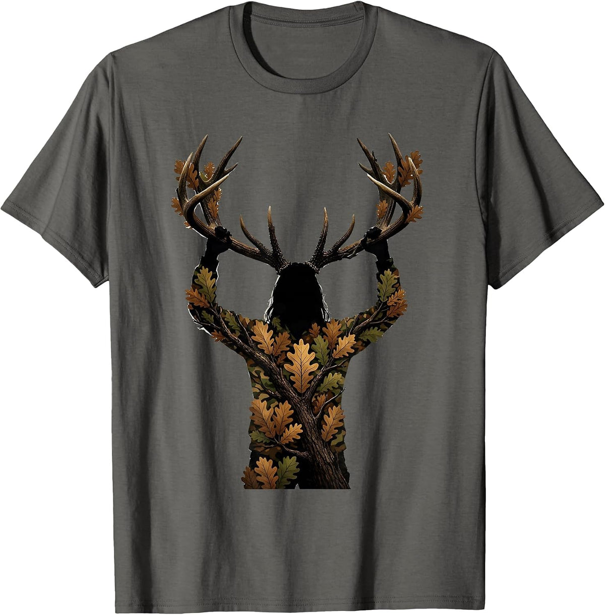 Men's Camo Deer Hunter Trophy Rack Hunting Illustration T-Shirt - Asphalt Grey