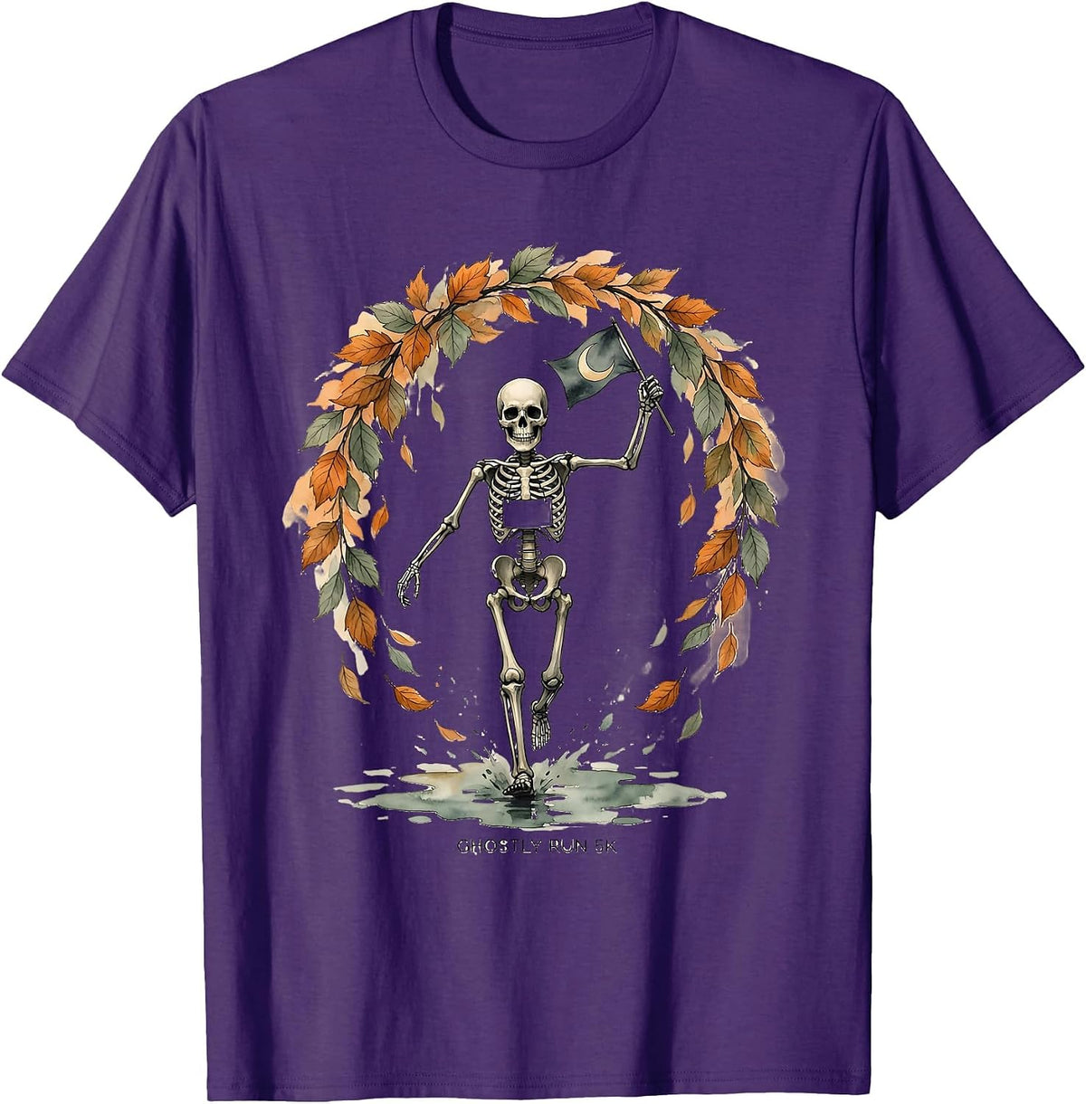 Men's Ghostly Run 5K Watercolor Skeleton Runner Halloween Fun Run T-Shirt - Purple