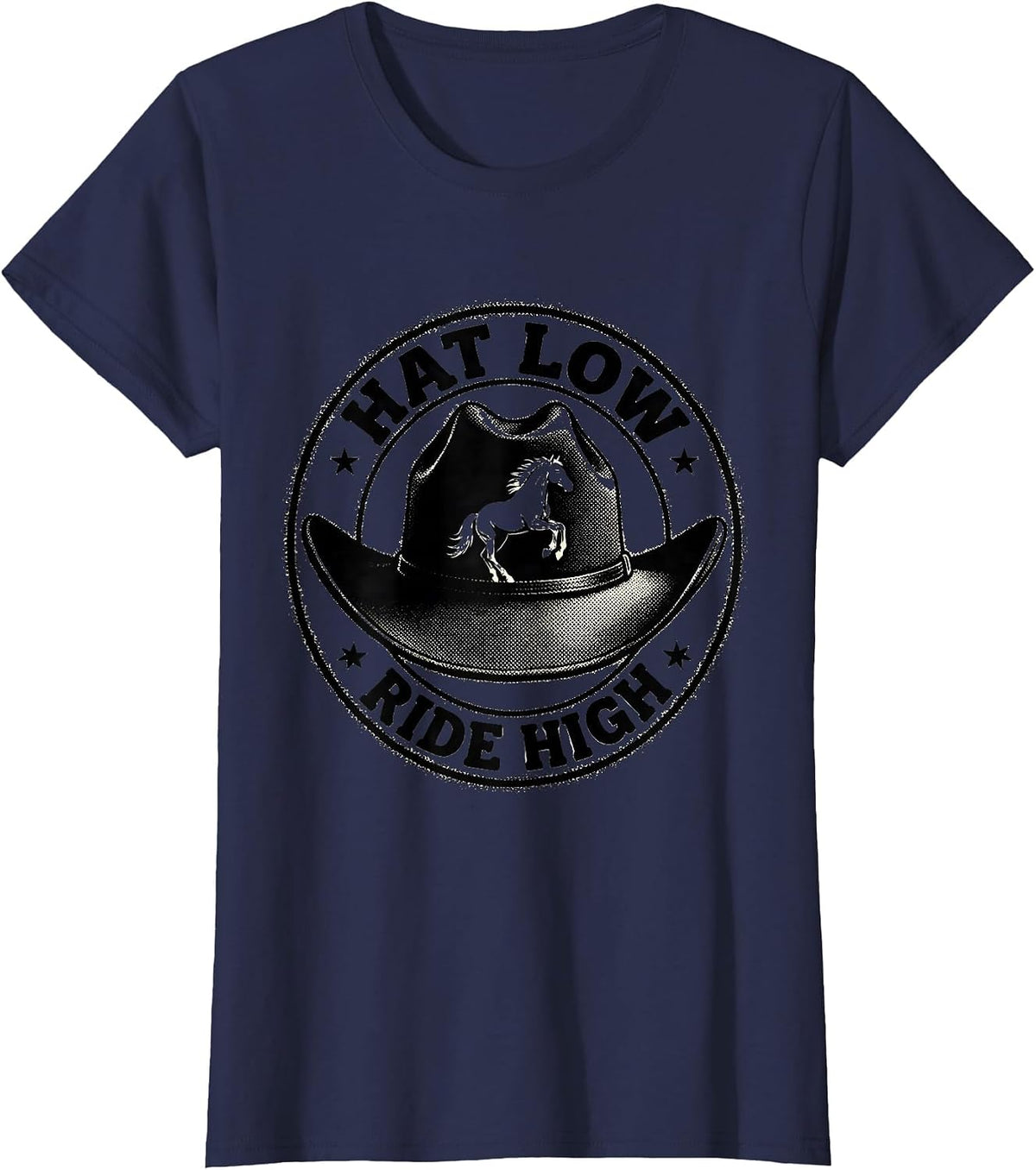 Women's Hat Low Ride High Cowboy Western Design T-Shirt - Navy Blue