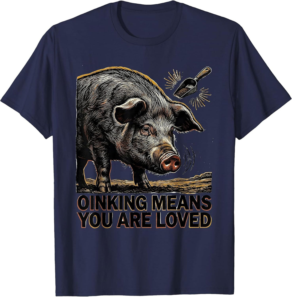 Oinking Means You Are Loved Funny Pig Lover Linocut Art T-Shirt - Navy Blue