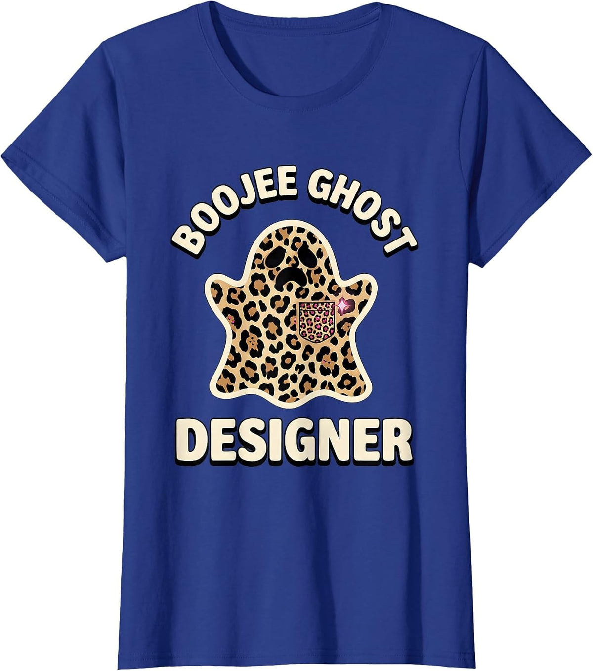Women's Boojee Ghost Designer Leopard Glam Halloween Party T-Shirt - Royal Blue