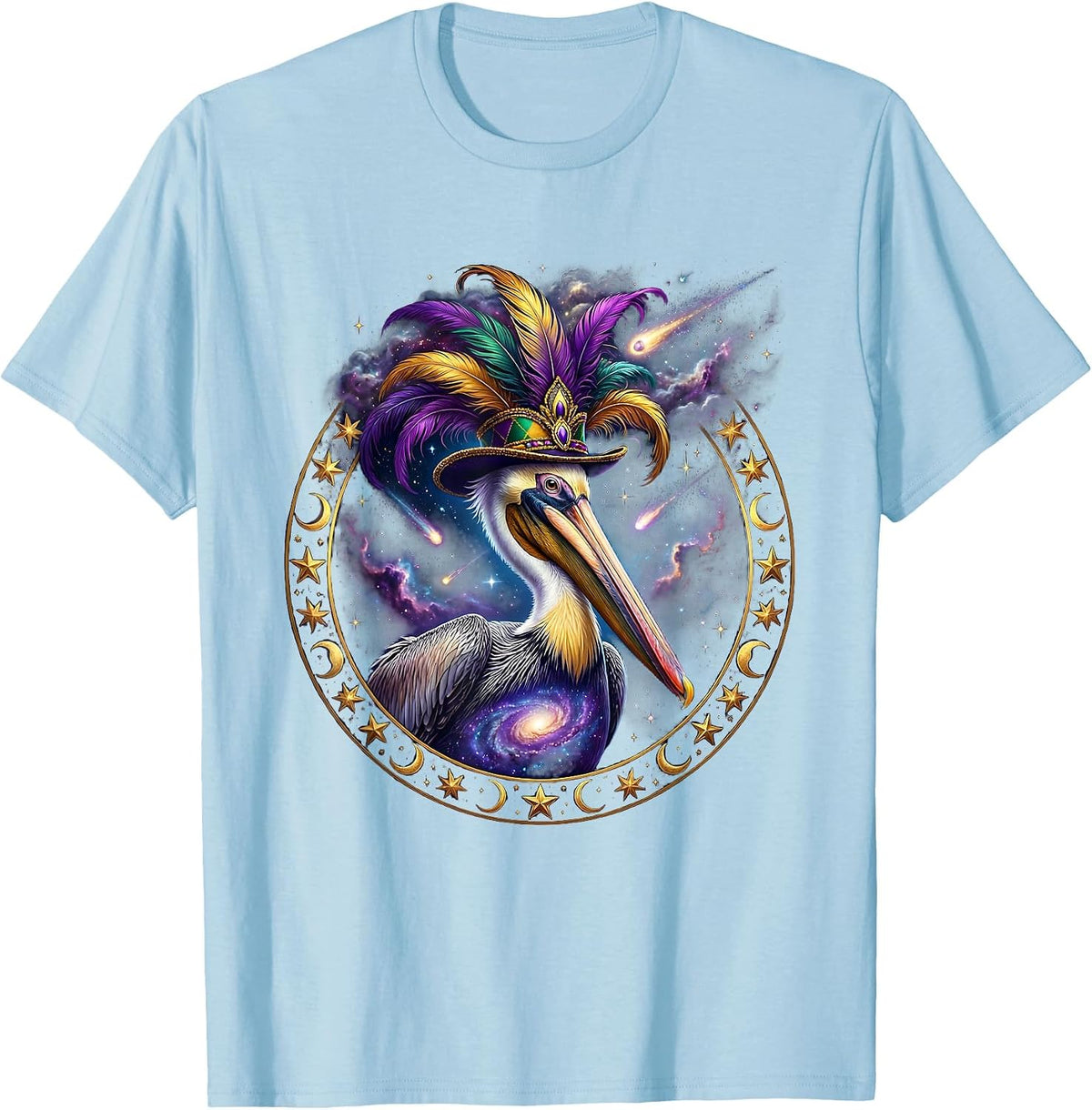 Men's Mardi Gras Pelican Feathered Hat Festive Design T-Shirt - Baby Blue