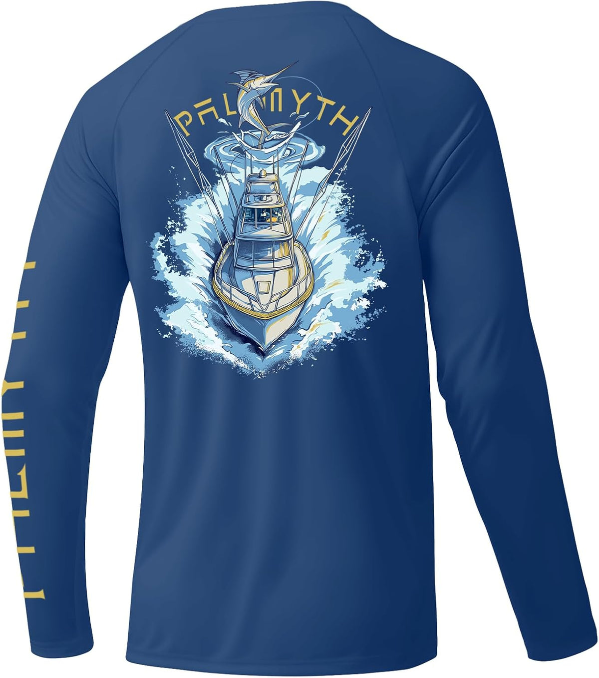 Palmyth Mens Fishing Shirts UPF 50+ Quick-Dry Long Sleeve T-Shirts - Navy \/ Marlin Boat