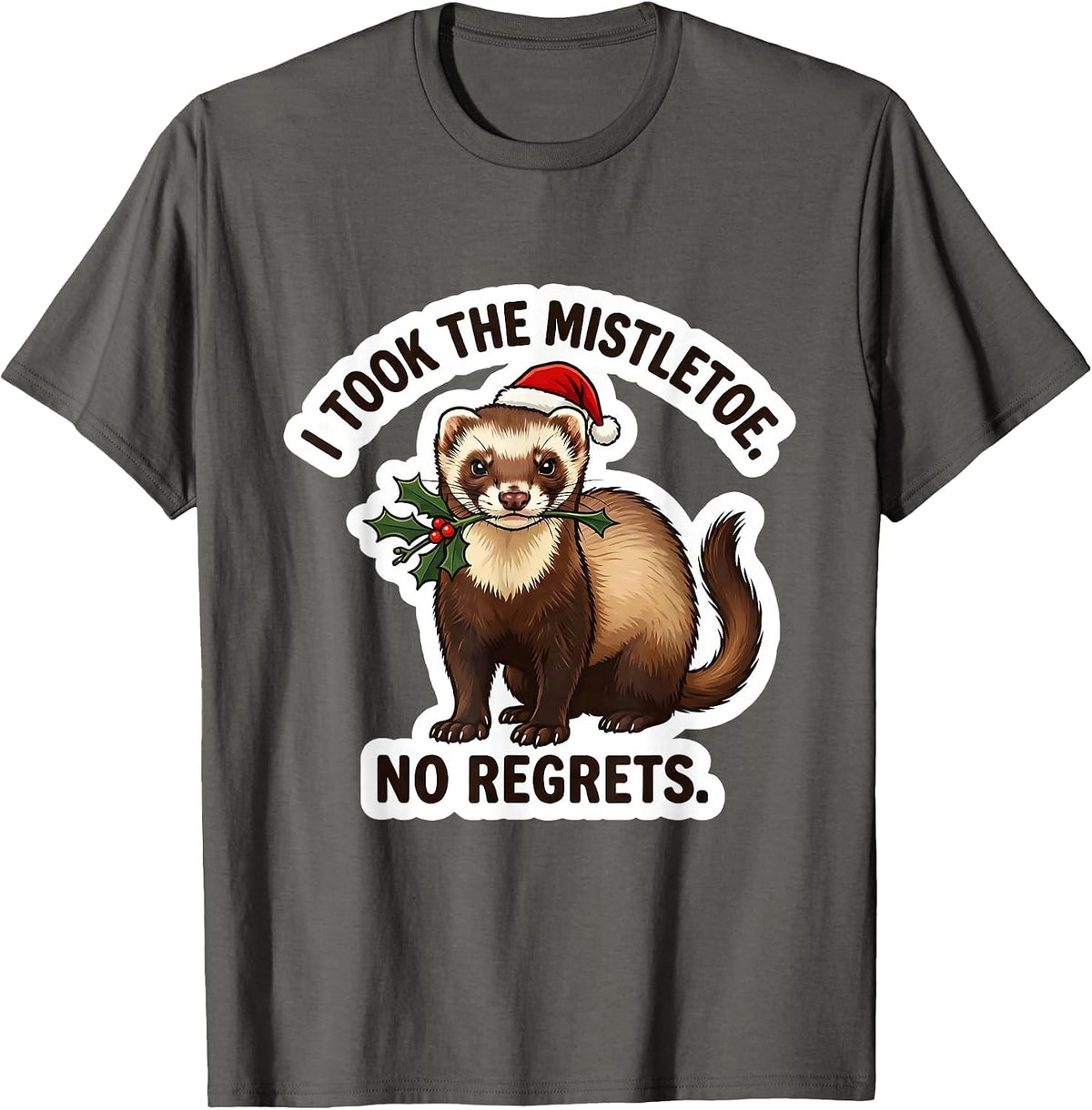 I Took The Mistletoe No Regrets Funny Ferret Lover Christmas T-Shirt - Asphalt Grey