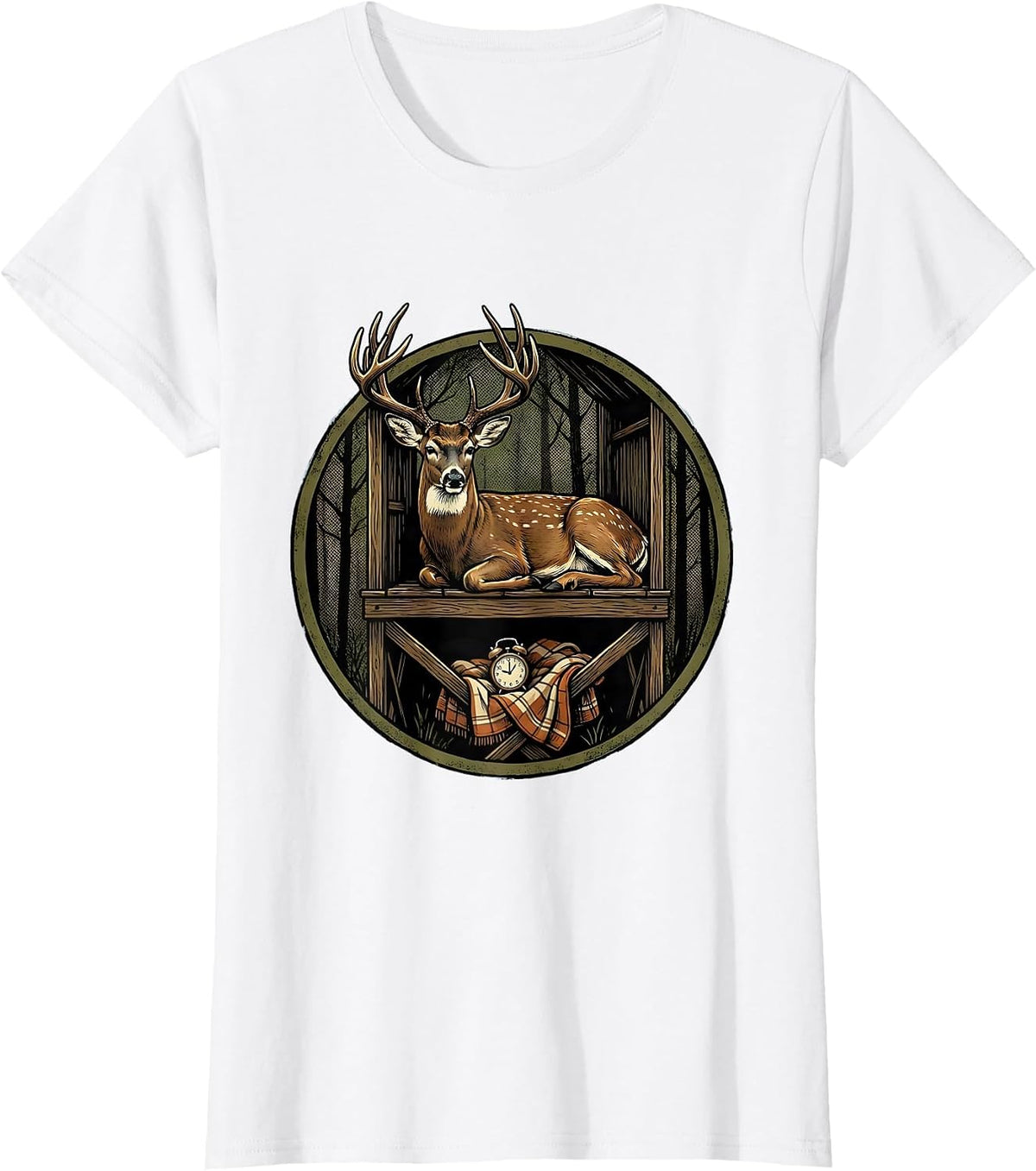 Deer Hunter Buck in Stand Funny Hunting Humor T-Shirt - White
