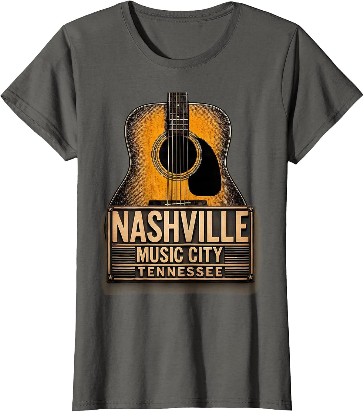 Women's Nashville Music City Tennessee Wood Type Letterpress Guitar T-Shirt - Asphalt Grey