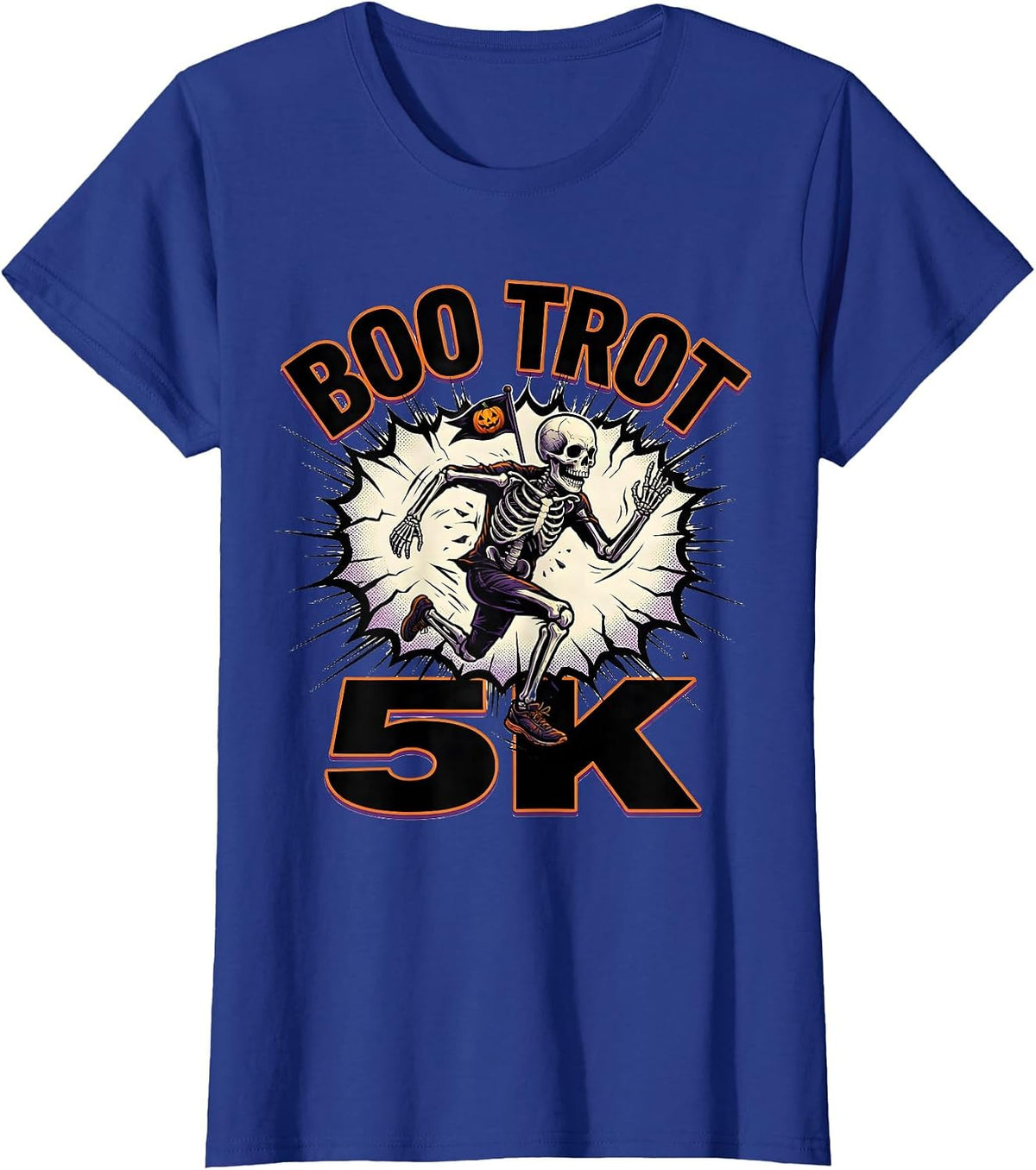 Women's Boo Trot 5K Comic Book Skeleton Runner Halloween Fun Run T-Shirt - Royal Blue