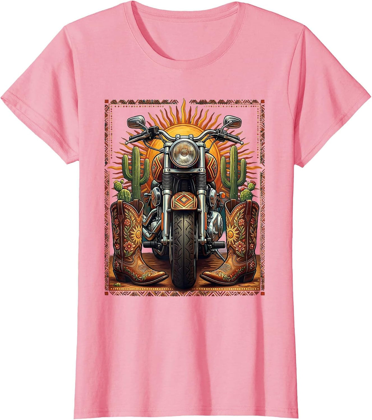 Women's Route 66 Cowboy Boots and Motorcycle Graphic T-Shirt - Pink