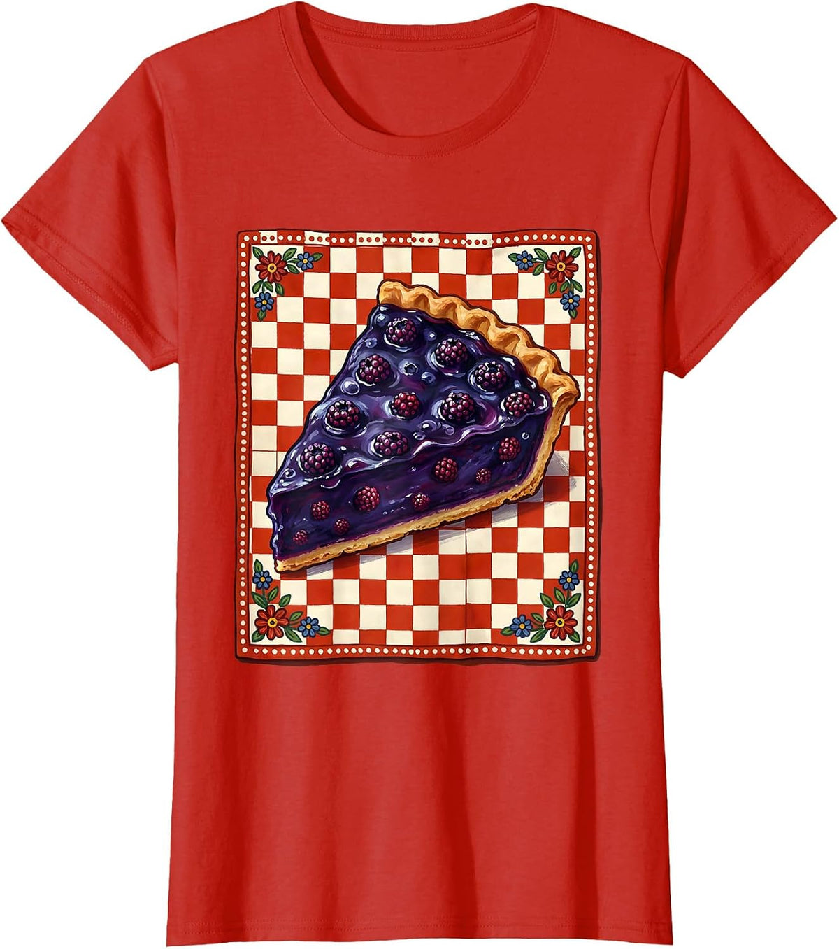 Women's Red White and Blueberry Pie Picnic Illustration T-Shirt - Red