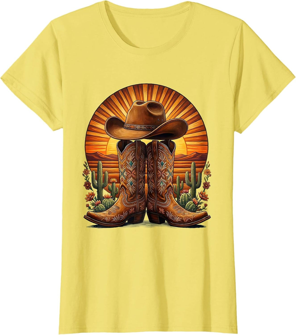 Women's Cowgirl Boots and Hat Desert Sunset Graphic T-Shirt - Lemon Yellow