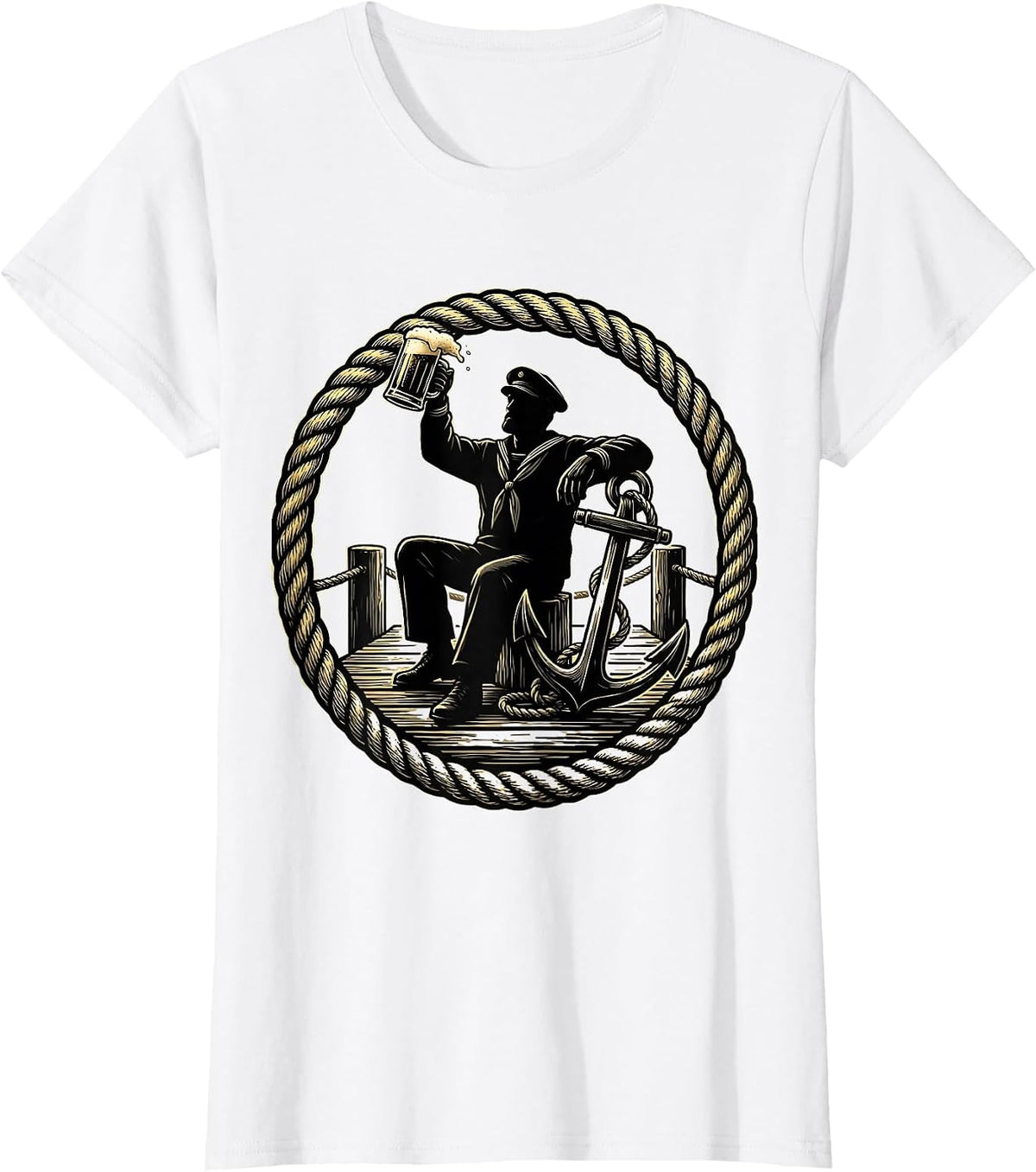 Sailor Anchor Tattoo Beer Drinking on the Dock T-Shirt - White
