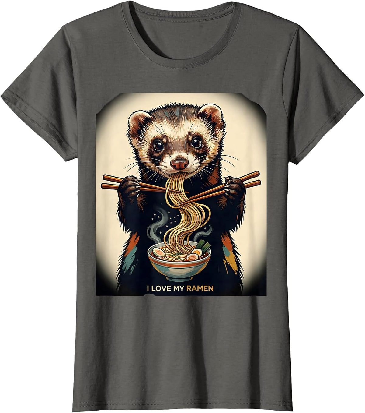 Women's I Love My Ramen Kawaii Ferret Anime Ramen Lover Gift T-Shirt - Asphalt Grey
