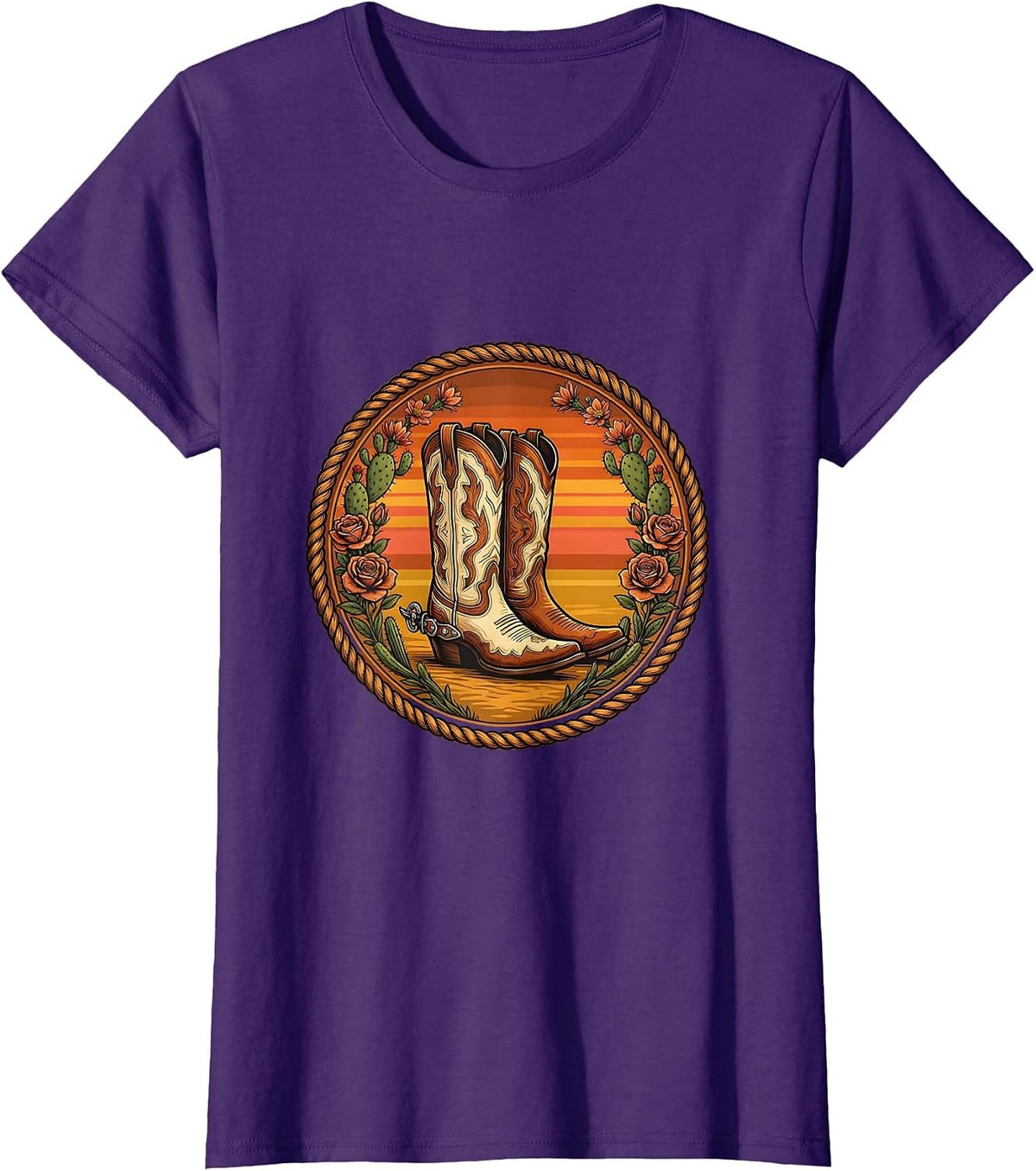 Cowgirl Boots Spurs and Desert Roses Graphic T-Shirt - Purple