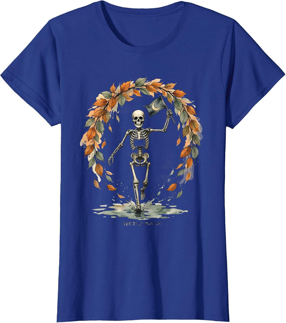Women's Ghostly Run 5K Watercolor Skeleton Runner Halloween Fun Run T-Shirt - Royal Blue