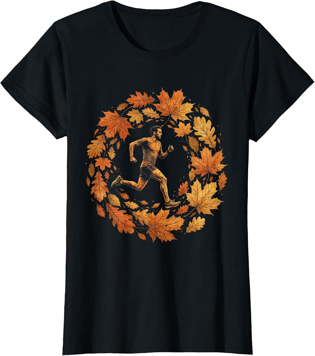 Women's Runner Silhouette Falling Autumn Leaves Design T-Shirt - Black
