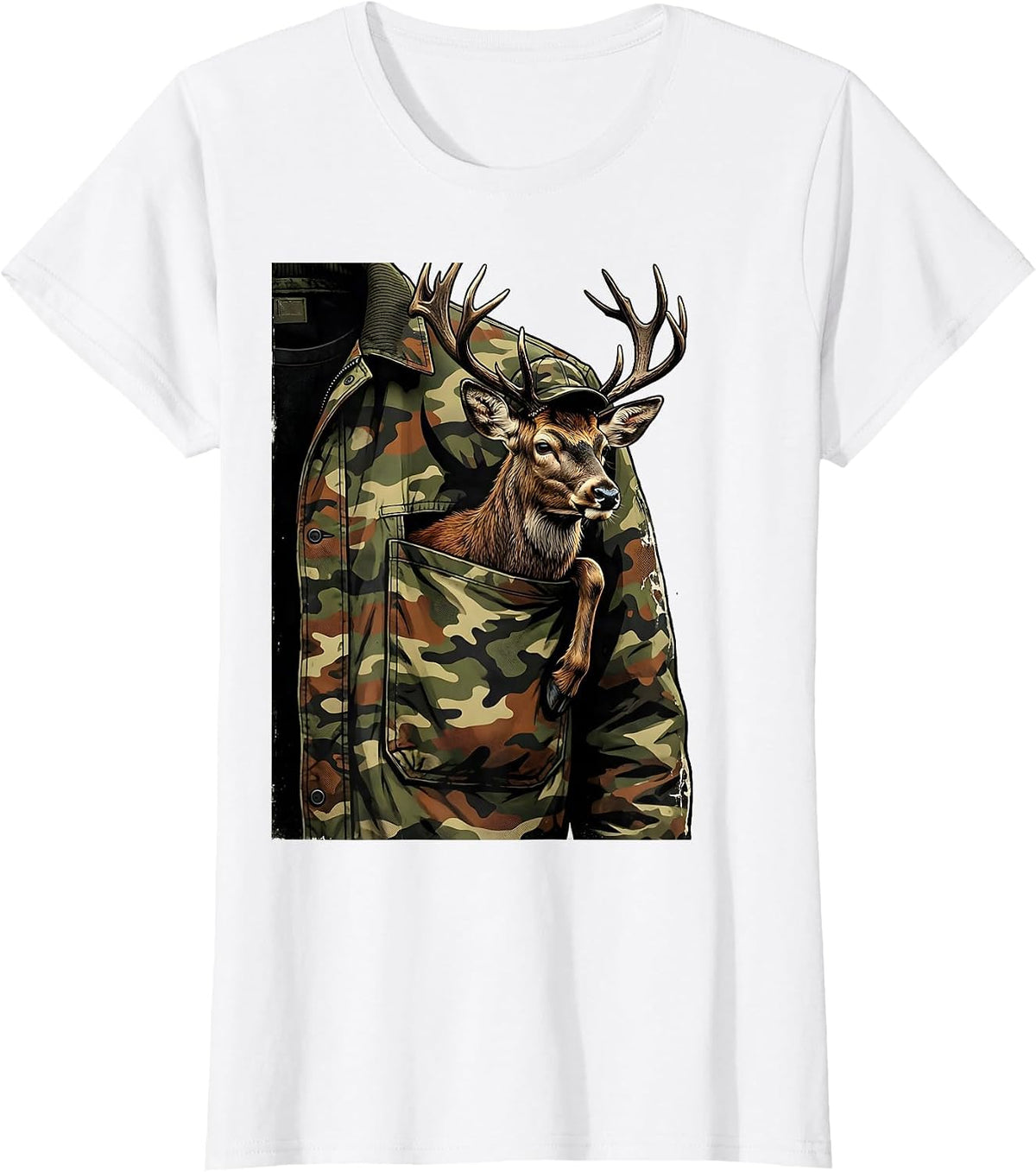 Women's Reclining Buck Distressed Camo Deer Hunting Gift T-Shirt - White