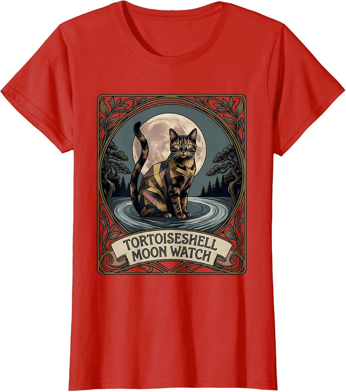 Tortoiseshell Moon Watch Art Nouveau 90s Retro Cat Lover T-Shirt - Red