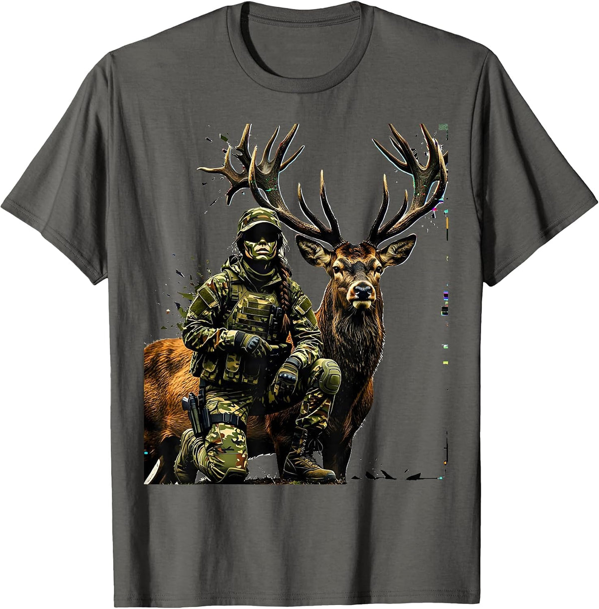 Camo Girl Hunter Kneeling With Trophy Buck T-Shirt - Asphalt Grey