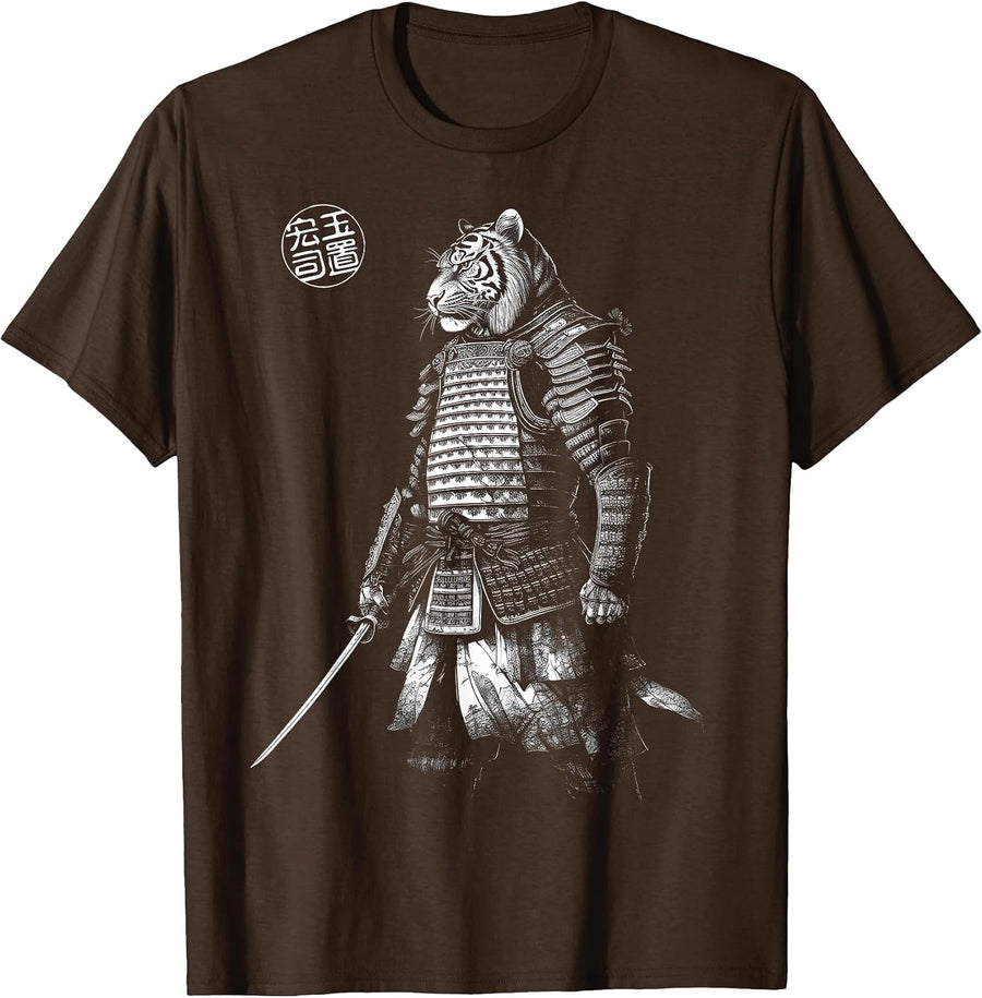 Japanese Aesthetics Tiger Samurai Beast Graphic T-Shirt - Brown