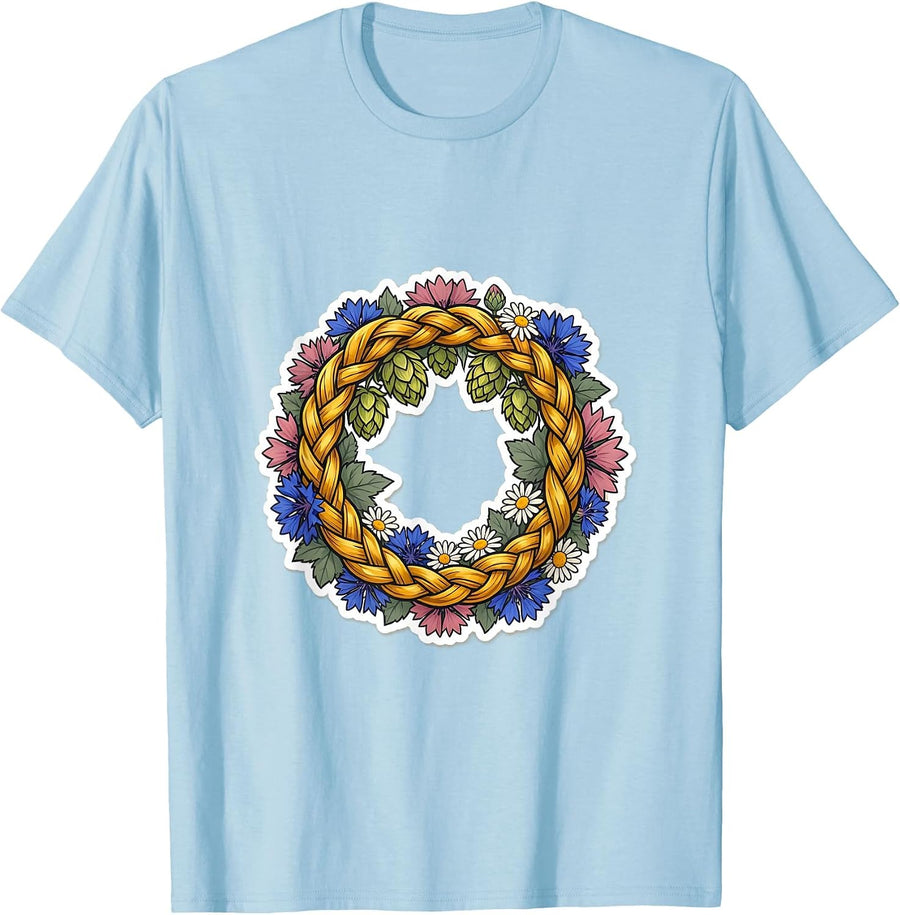 Men's Oktoberfest Wildflower Hops Braided Hair Design T-Shirt - Baby Blue