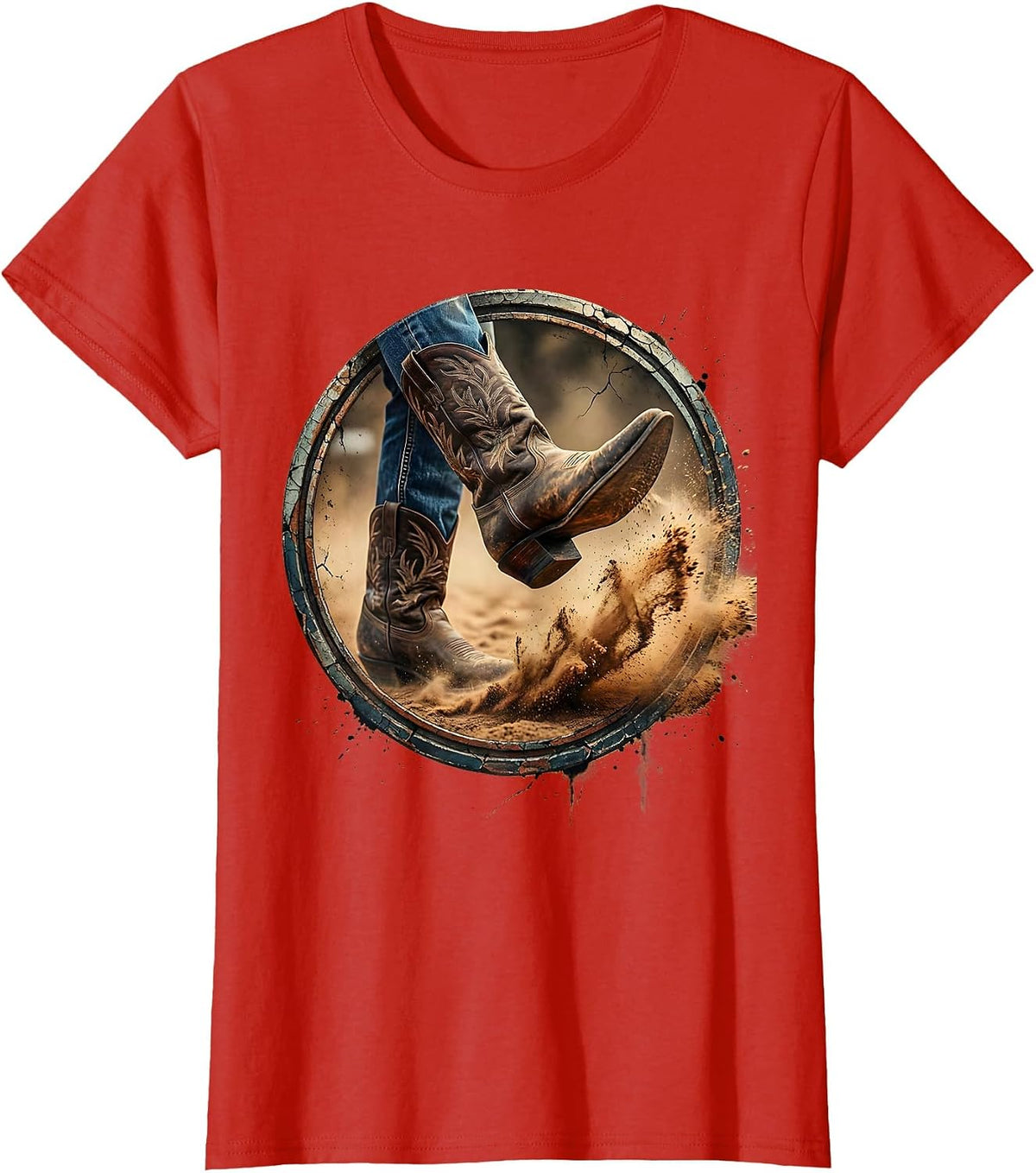 Denim Cowgirl Boots Mid-Kick Dust Cloud Graphic T-Shirt - Red