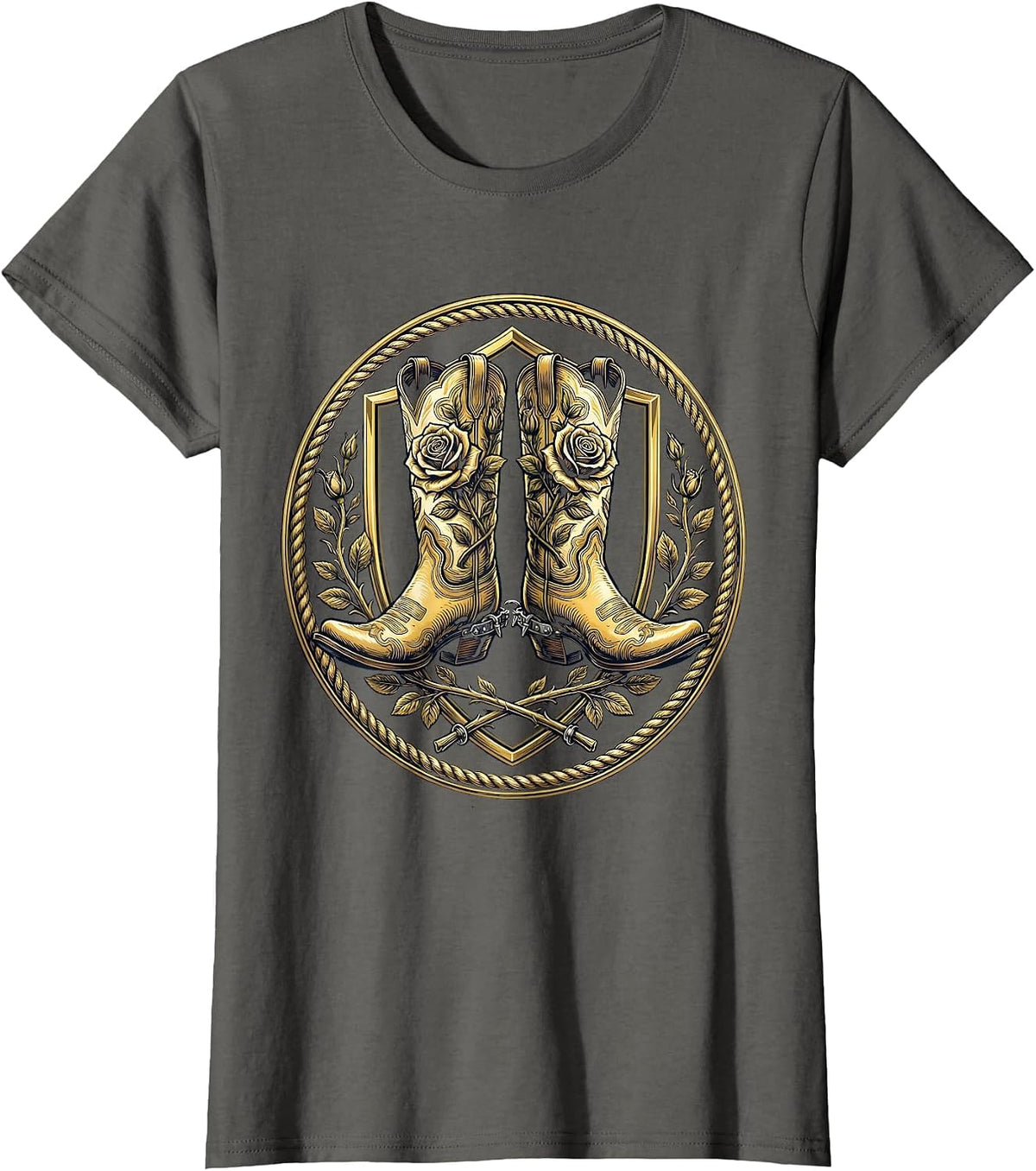 Women's Cowboy Boots Spurs and Roses Western Graphic T-Shirt - Asphalt Grey