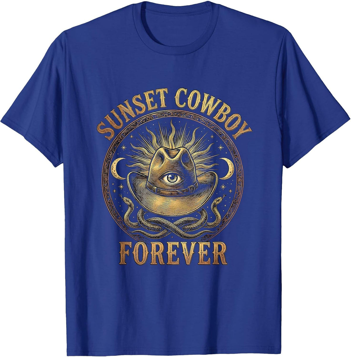 Sunset Cowboy Forever Western Graphic Design T-Shirt - Royal Blue