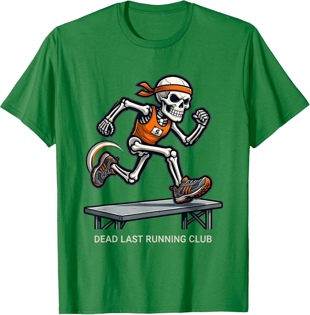 Men's Dead Last Running Club Funny Halloween Skeleton Runner T-Shirt - Kelly Green
