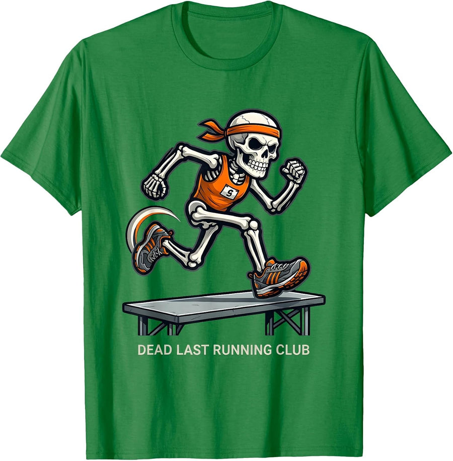 Men's Dead Last Running Club Funny Halloween Skeleton Runner T-Shirt - Kelly Green
