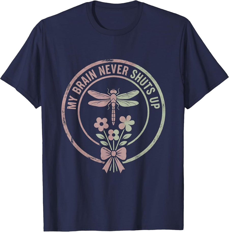 My Brain Never Shuts Up Funny ADHD Design T-Shirt - Navy Blue