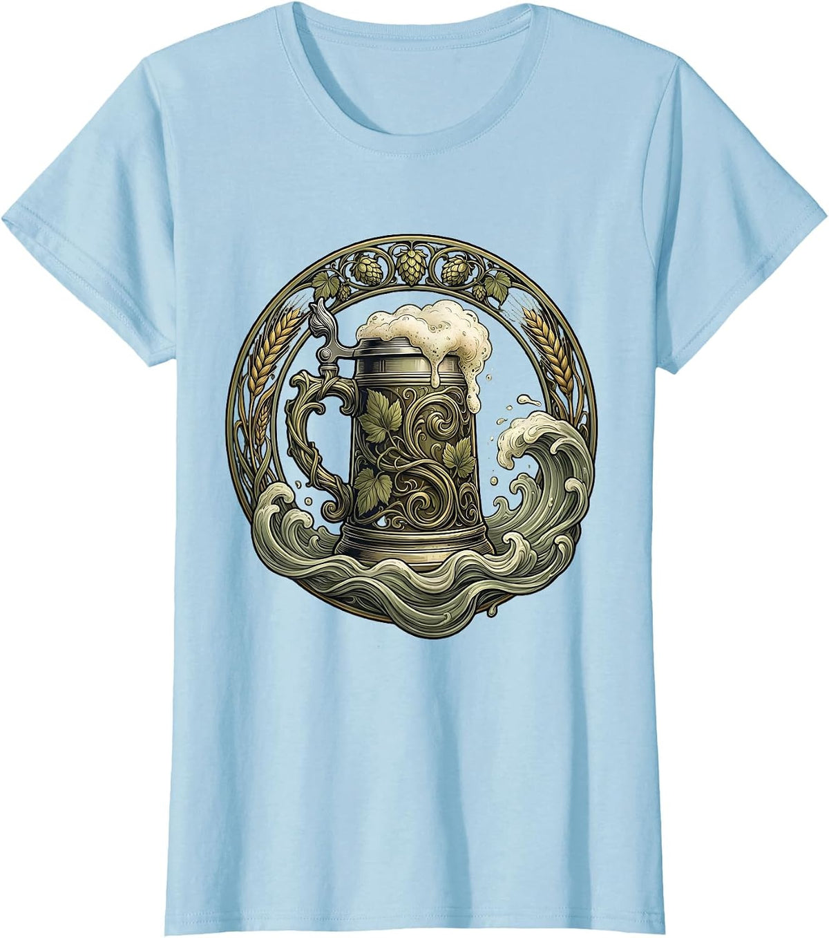Oktoberfest Overflowing Beer Stein Illustration T-Shirt - Baby Blue